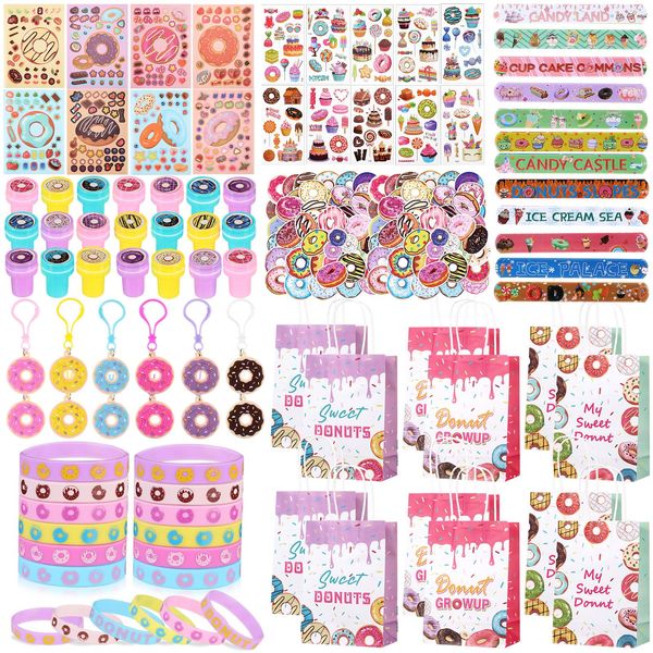 Jadive 146 Pcs Sweet Donut Party Favors Gift Set Party Favors Keychain Sticker Gift Bag Stamp Silicone Bracelet Slap Bracelet Tattoo Sticker for Themed Gift Birthday Party Supplies