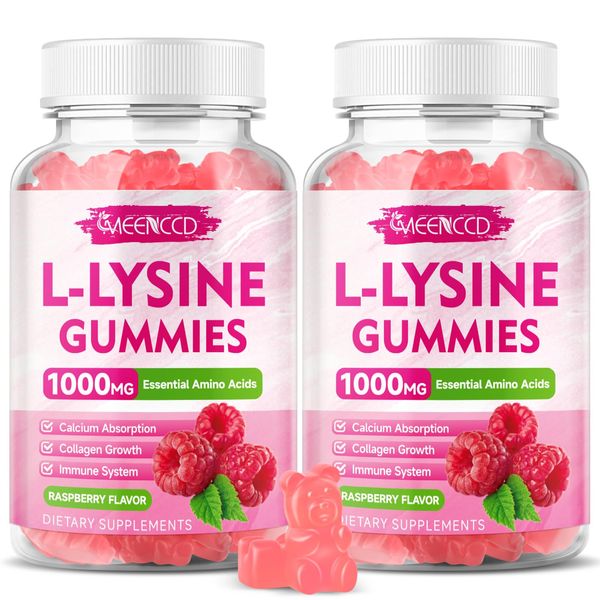 MEENCCD 2 Pack L-Lysine 1000mg Gummies, Lysine Supplement for Adults & Kids, Essential Amino Acid for Lips & Oral Health, Boost Immune & Collagen & Calcium, Sugar-Free, Raspberry Flavor, 120 Count