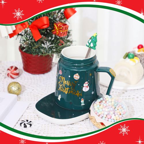 Tioncy Christmas Coffee Mug Warmer Gift Set 17 oz Ceramic Tea Cup Coffee Warmer with Winter Snow Globes Lid Spoon Electric Mug Heater Temperature Control Warmer for Office Desk Women Birthday(Green)