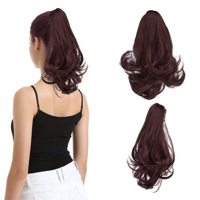 BARSDAR Clip in Klaue Haarverlängerung 25 cm Langer Klauen Pferdeschwanzverlängerung Clip in Claw Lockiger Synthetisches Haarteil für Frauen 33# Dunkles Kastanienbraun