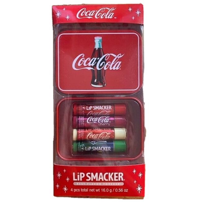 New Coke Coca-Cola Lipsmacker 4 flavored lip balms in Collectible Tin Pack