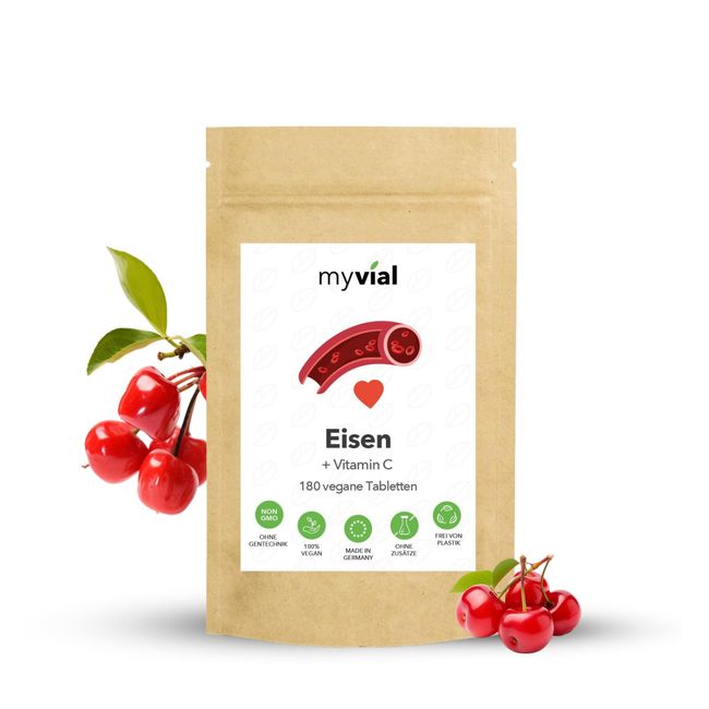 myvial® Eisen Tabletten 20mg hochdosiert 180 Stück vegan ohne Zusätze plastikfrei verpackt - Nahrungsergänzungsmittel mit Eisenbisglycinat