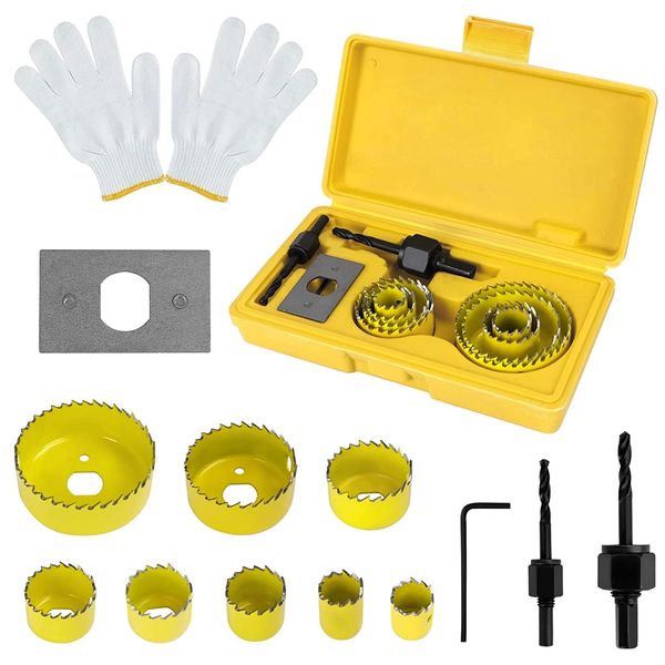 12PCS Hole Saw Cutter Kit, 19-64mm Carbon Steel Downlights Drill Bit Tools with A Pair of Gloves and Storage Box,for Plasterboard,Wood,PVC Board,Plastic Plate