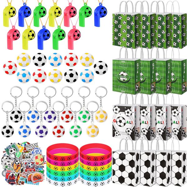 Hiboom 110 Pcs Soccer Party Favors Include 12 Soccer Goodie Bags, 12 Soccer Whistle, 12 3D Soccer Ball Erasers, 12 Keychains, 12 Silicone Wristbands and 50 Soccer Stickers for Kids Birthday Gifts