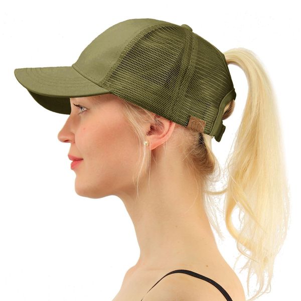 C.C Ponytail Messy Buns Trucker Ponycaps Plain Baseball Visor Cap Dad Hat Olive