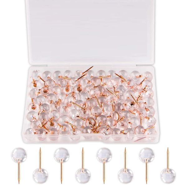 Push Tacks Fasteners, Push Pins, Clear Drawing Pins, Transparent Cute Thumb Tacks for Cork Boards, DIY Office Supplies, Schools, Maps, Bulletin Boards, Displays Photographs, Messages, Storage Case Included, Approx. 100 Pieces