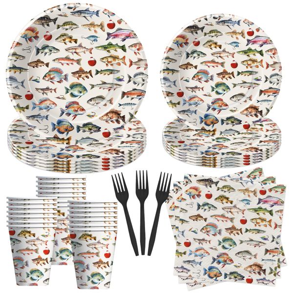 Xigejob Gone Fishing Birthday Plates And Napkins Party Supplies - Fish Party Decorations Tableware, Paper Plate, Cup, Napkin, Fork, little Fisherman Fishing Birthday Baby Shower Decorations | Serve 24