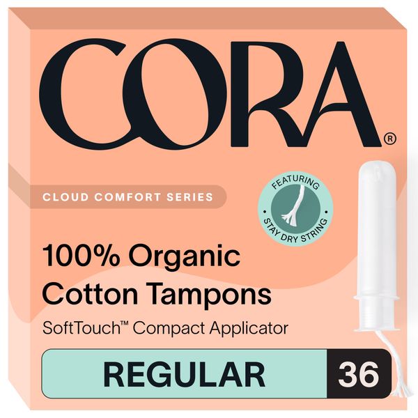 Cora Organic Applicator Tampons | Regular Absorbency | 100% Organic Cotton, Unscented, BPA-Free Compact Applicator | Leak Protection | Packaging May Vary | 36 Total