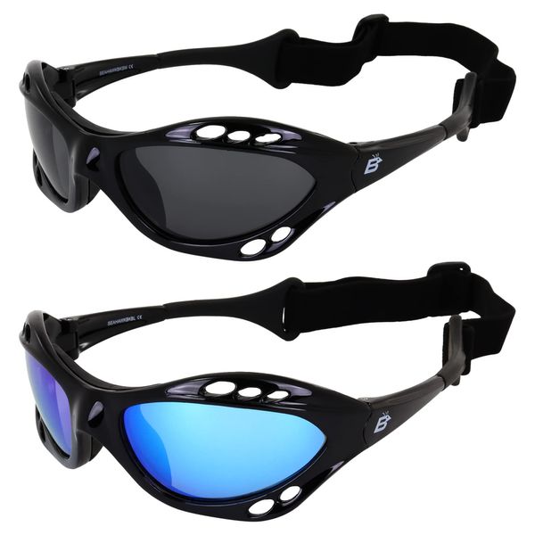 Birdz 2 Pair Seahawk Polarized Sunglasses Floating Jet Ski Goggles Sport Kite-Boarding, Surfing, Kayaking,1 Black with Blue Lenses and 1 Black with Smoke Lenses