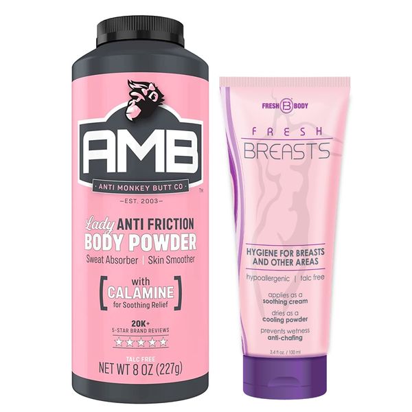 Ladies No Sweat Bundle: Fresh Breasts Lotion, 3.4 Fl OZ - The Solution for Women and Lady Anti-Monkey Butt Body Powder, 8 Oz