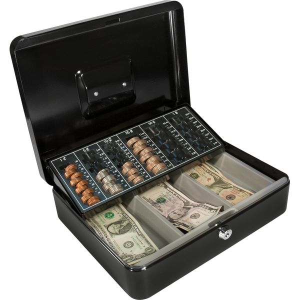 BARSKA 12-Inch Cash Box and Labeled 6 Compartment Tray with Key Lock