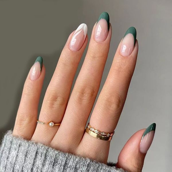 Luvadeyo 24 Stück Almond Press on Nails Kurz, Dark Green künstliche French Nägel mit Designs, Acryl Nägel Zum Aufkleben mit Nagelkleber, White Swirl Fake Nails Kurz für Frauen und Mädchen