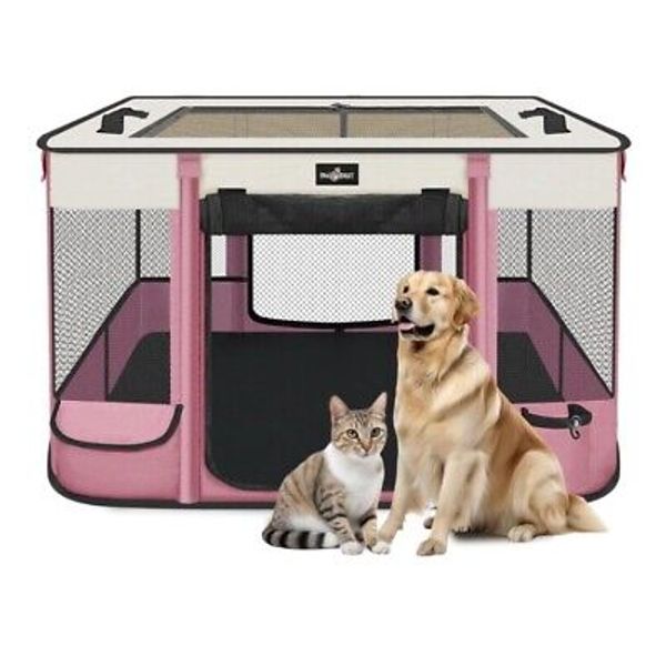 Foldable Pet Dog Cat Playpen Size M (34”x 24”x 21.5”) For Pers Up to 25 lb, Pink