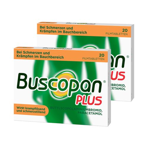 Buscopan® Plus film-coated tablets for pain in the abdomen, 2 x 20 pieces, value pack, with paracetamol, help with severe abdominal pain and cramps, double effect: antispasmodic and analgesic