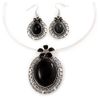 Avalaya Large Black Oval Medallion Flex Wire Necklace & Earrings Set/Silver Tone/Adjustable
