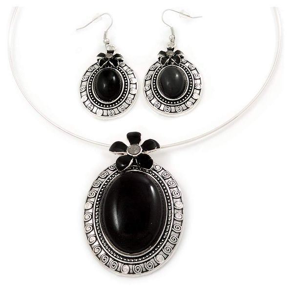 Avalaya Large Black Oval Medallion Flex Wire Necklace & Earrings Set/Silver Tone/Adjustable