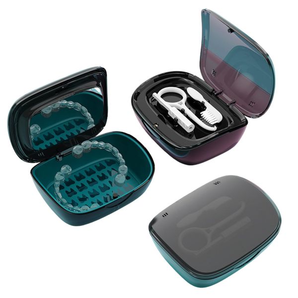 RSWHYY Multifunctional Retainer Case with Cleaning Brush and Chewies, Equipped with Mirror and Removal Tool for Aligners, Night Guards, and More (Black)