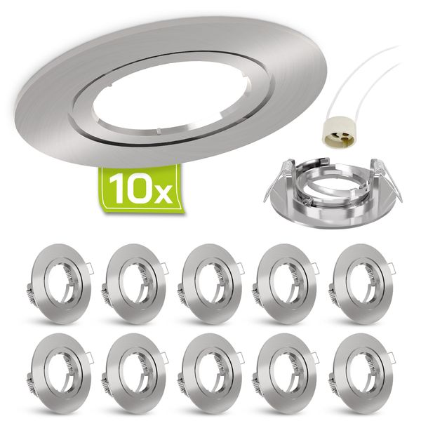 linovum 10x Einbaustrahler Rahmen Set - Einbaurahmen rund Edelstahl Optik gebürstet starr inkl. GU10 Fassung für LED, Halogen