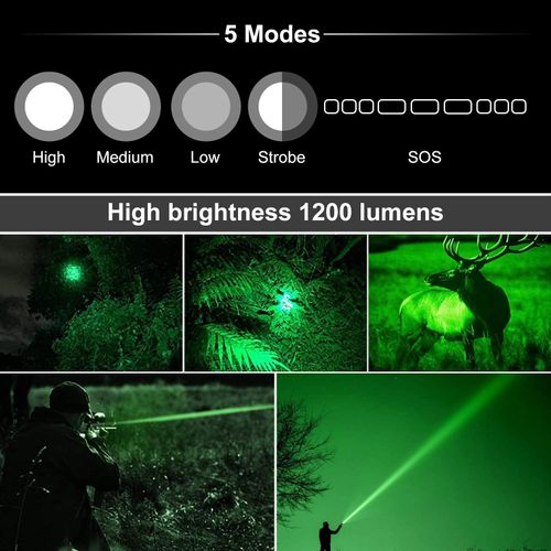 Green Light Flashlight, Rechargeable LED Green Light Tactical Flashlight with Pressure Switch, 5 Modes & Zoomable Deer Hunting Light, IPX4 waterproof Hog Lights for Night Hunting Coyote Varmint