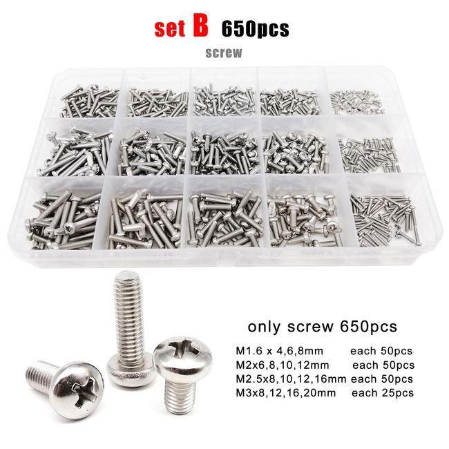 1000pcs Mini Machine Screws, M1 M1.2 M1.4 M1.7 Tiny Screws Cross Head  Self-tapping Bolts Assortment Kit