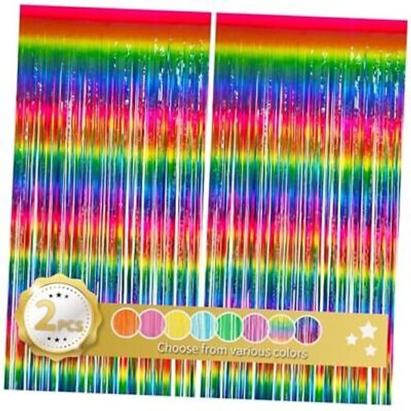 2 Pack Dark Rainbow Colorful Foil Fringe Curtain, Assort 2 Pack-Dark Rainbow