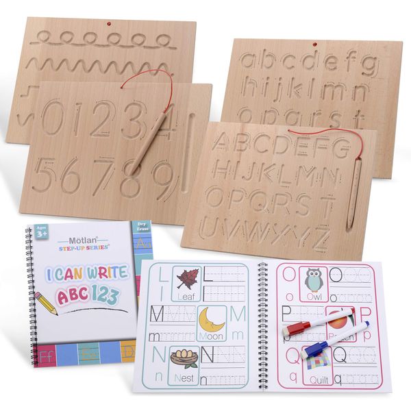 Motlan Montessori Wooden Alphabet & Numbers Tracing Board w/Dry Erase Book Bonus | Wood Letter Tracing- 2 Double-Sided Boards - for Toddlers and Preschool