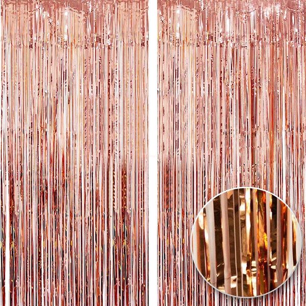 2pcs 3ft X 8.3ft Rose Gold Metallic Tinsel Curtains Aluminum Foil Flow Silk Curtain Background Streamer Birthday Party Wedding Holiday Backdrop Decoration