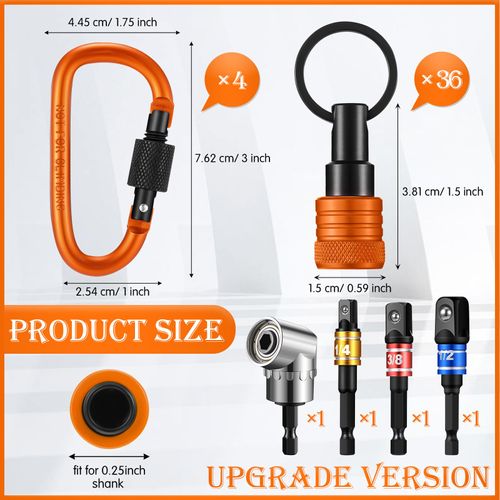 Threlaco 36 Pcs Upgraded Bit Holder Keychain, 3 Pcs 1/4 3/8 1/2" Socket Portable Hex Shank Screwdriver Locking Drill Bit Holder Attachment Adapter 105° Screw Adapter for Tools Men Gifts(Orange)