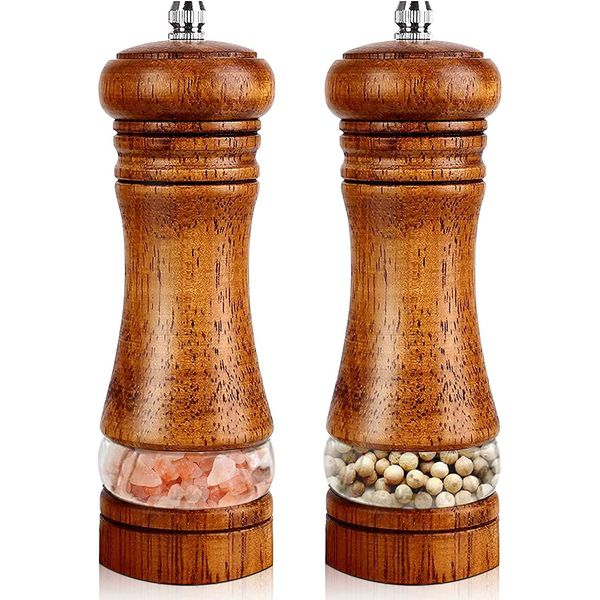 Salt and Pepper Grinder Set, Wooden Salt and Pepper Mill with Adjustable Coarseness Ceramic Core, Manual Salt Grinders with Acrylic Window (6.5 Inch), Refillable Spice Shaker for Sea Salt/Chili/Sesame