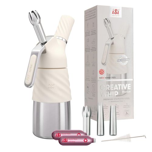 iSi Creative Whip Premium Cream Dispenser 250 ml, Ivory White, Stainless Steel, Includes 3 Stainless Steel Nozzles and 2 iSi Cream Capsules, iSi Cream Dispenser for Cream, Dessert and Savoury, Dishwasher Safe