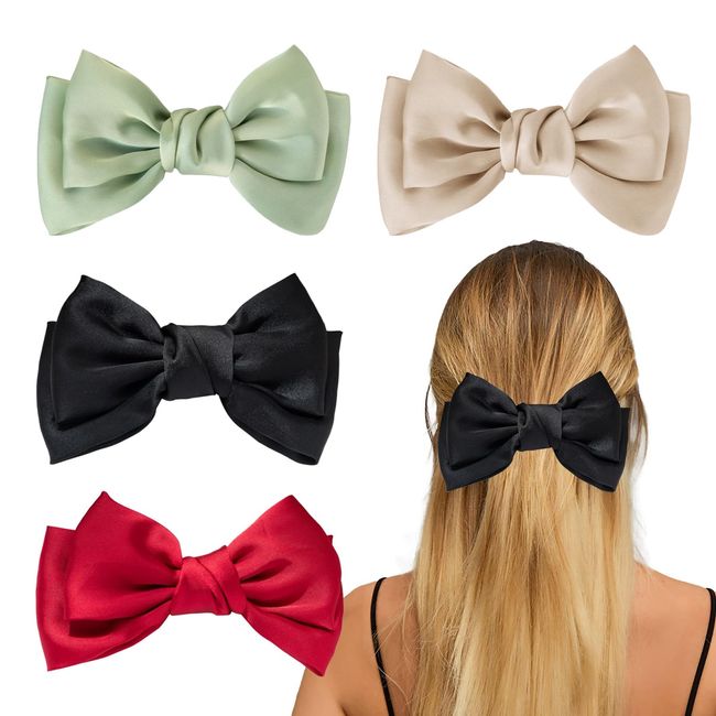 KEYRI 4 Stück Haarspangen mit Großer Schleife Französische Große Schleife Seidiger Satin-Haarspange Automatisch Groß Klassische Haarspangen Bowknot-Clips für Frauen Mädchen Party Weihnachten (4 Stück)