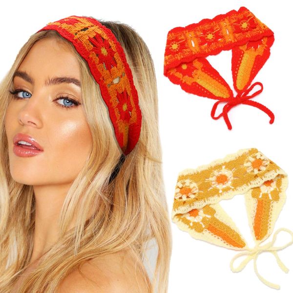 Urieo 2 pcs Hippie Hair Bandana Crochet Hair Scarf Knitted Head Kerchief Party Daily Floral Bandana Headband for Women and Girls (Yellow+Red)