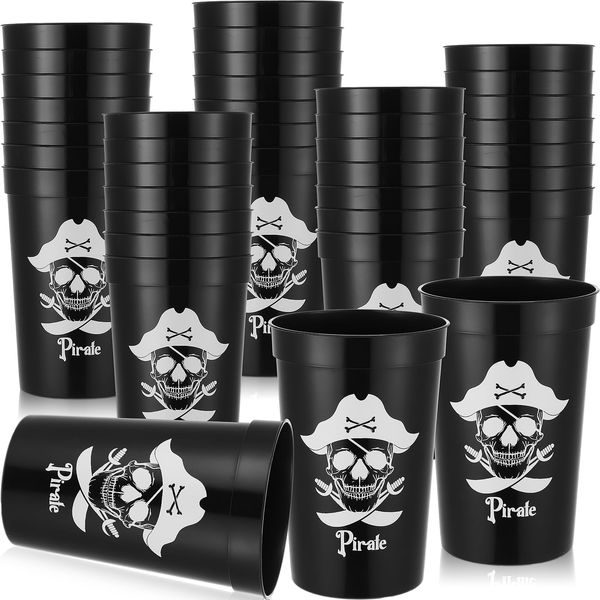 Ziliny 28 Pcs Pirate Birthday Party Plastic Cups 12oz Birthday Reusable Stadium Cup Pirate Skull Party Favors Cups Plastic Cups for Halloween Pirate Themed Party Supplies Decorations Adults