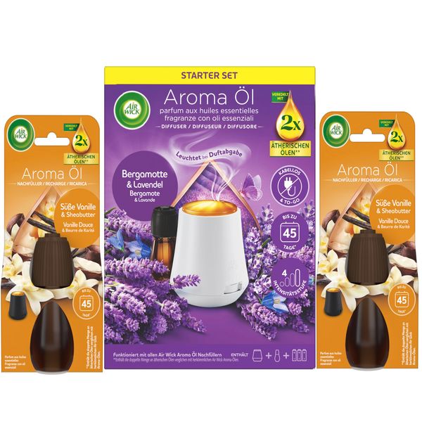 Air Wick Aroma-Öl Diffuser Starter-Set inklusive 1 Gerät, 1x20ml Bergamotte & Lavende & 2x20ml Süße Vanille & Sheabutter Nachfüller