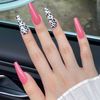 Bufenia Coffin False Nails Wavy Line Long Press on Nails Glitter Ballerina Fake Nails Crystal Pink Leopard Flame Glossy Acrylic Stick on Nails for Women and Girls 24Pcs (E)