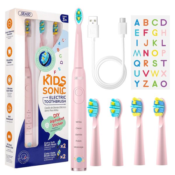 Seago Kids Electric Toothbrush Rechargeable, Children's Power Toothbrushes with Funny DIY Stickers, 2 Mins Smart Timer, 4 Replacement Brush Heads for Ages 3-12 Junior Boys Girls SG2303(Pink)