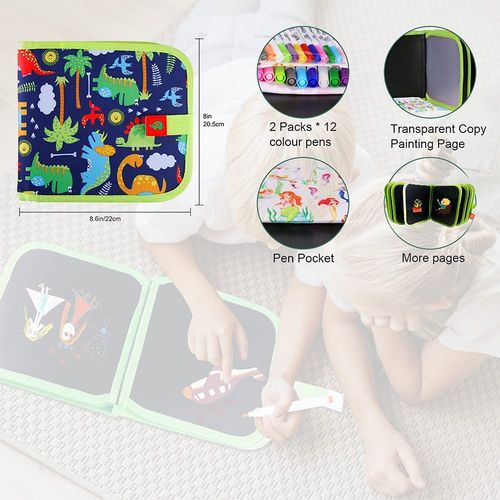 Erasable Doodle Books, Double-Sided Kids' Drawing Writing Boards with 12 Coloring Pens, Portable Early Learning Drawing Pad Travel Toys Birthday Gifts for 3-8 Year Old Boys Girls (Dinosaur)