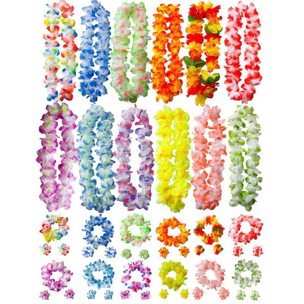 48 Pcs Hawaiian Flower Garlands With Bracelets Headbands Set,Hawaiian Leis Luau Party Decorations Tropical Party Favors for Adult Kids Aloha Tiki Beach Jungle Lays Summer Party