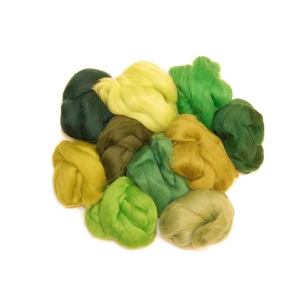 Green Woodland hues Merino Wool roving/Tops A Mix of 10 Colours. Great for Wet Felting/Needle Felting, and Hand Spinning Projects. 60gm Pack