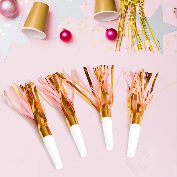 24 Pieces Gold Pink Noise Maker Girl Party Decoration Favor Squawkers Blowouts Whistle Party Blower for Birthday Baby Shower Bachelorette Wedding New Year Party Supplies