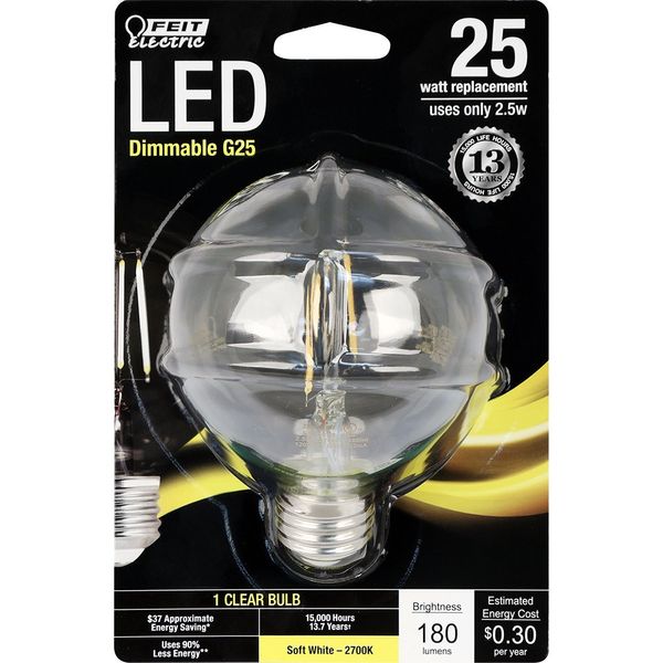 Feit Electric - Decorative Clear Glass Filament LED Dimmable 25W Equivalent Soft White (2700K) G25 Globe Light Bulb (BPG2525/827/LED), Standard Clear