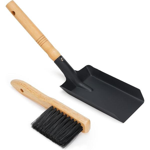 Coal Shovel and Brush Set, Natural Wood Hearth Tool Set for Fireplace