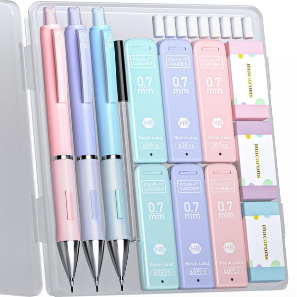 Four Candies Pastel Mechanical Pencil Set - 3PCS 0.7mm Mechanical Pencils with 360PCS HB Lead Refills, 3PCS Erasers and 9PCS Eraser Refills, Cute Pencils for School Drawing & Writing