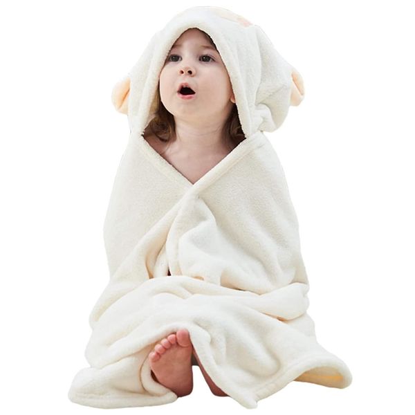 Hilmocho Baby Hooded Bath Towel Infant Toddler Swaddle Wrap Blanket Soft Warm Coral Velvet Absorbent Swimming Shower Towel (White Sheep)