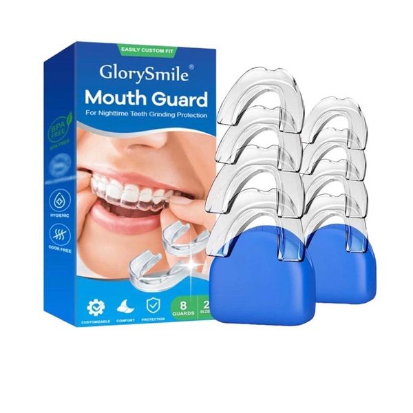 GlorySmile Mouth Guard for Clenching Teeth at Night, Upgraded Night Guards for Teeth Grinding, Pack of 8 Moldable Mouth Guard Stops Bruxism and Teeth Clenching 2 Sizes with Two Travel Cases