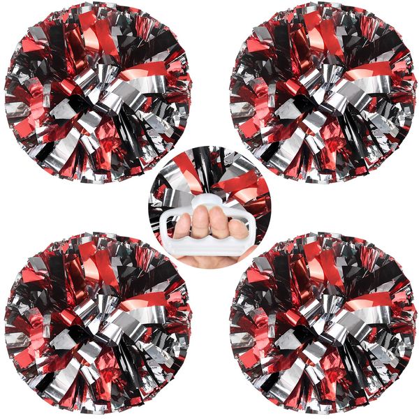 4 Packs Metallic Cheerleading Cheer Pom Poms, AUHOKY Fluffy Cheerleader Pompoms with Finger-friendly Ring, Cheering Pom poms for Squad Team Sports Game Dance Dress Party Kids Adults (Black/Silver/Red)