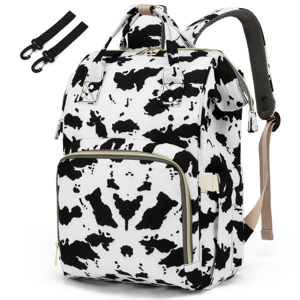 Yusudan Cow Print Diaper Bag Backpack for Baby Girls, Mom Waterproof Large Nappy Bags for Women