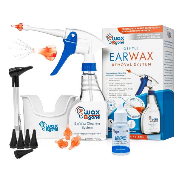 WaxBgone Earwax Removal Kit - Fast, Gentle, and Effective Ear Wax Removal Kit – Dissolve and Remove Earwax at Home - Includes Earwax Softening Drops, 3 SoftSpray Reusable Irrigation Tips, Otoscope