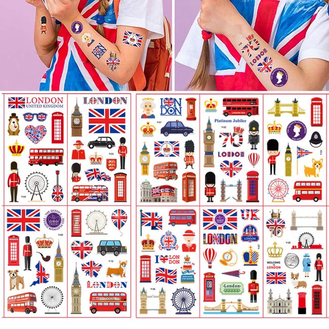 115pcs Union Jack Temporary Tattoos for Queen's 70th Anniversary Party Favors,Great Britain National Flag Face & Body Tattoo,UK Flag Temporary Stickers for Crown Big Ben London Eye Party Festival