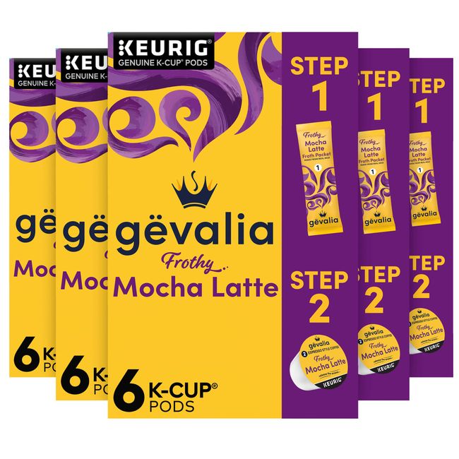 Gevalia Frothy 2-Step Mocha Latte Espresso K-Cup Coffee Pods & Froth Packets Kit (36 ct Pack, 6 Boxes of 6 Pods with Packets )